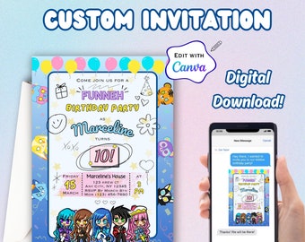 ItsFunneh, Funneh Krew, Editable Printable Birthday Party Invitation, Editable in Canva, Girls Birthday Invitation, Digital Invitation