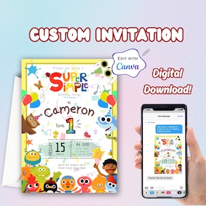 Canciones Súper Simples Invitación a Fiesta de Cumpleaños Imprimible Editable, Editable en Canva, Invitación de Cumpleaños, Plantilla de Invitación Digital