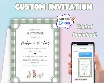 Gingham Cottagecore, Editable Printable Baby Shower Invitation, Gingham Cottagecore Baby Shower, Baby Shower Invitation, Forest, Animals