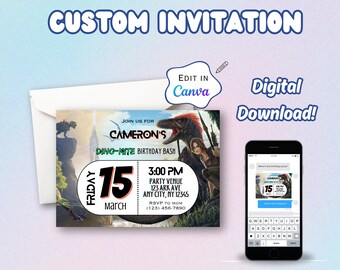 Ark Dinosaur Birthday Party Editable Printable Invitation, Fallout 4, Ark Survival, Ark Survival Evolved, Dinosaur Birthday, Edit in Canva