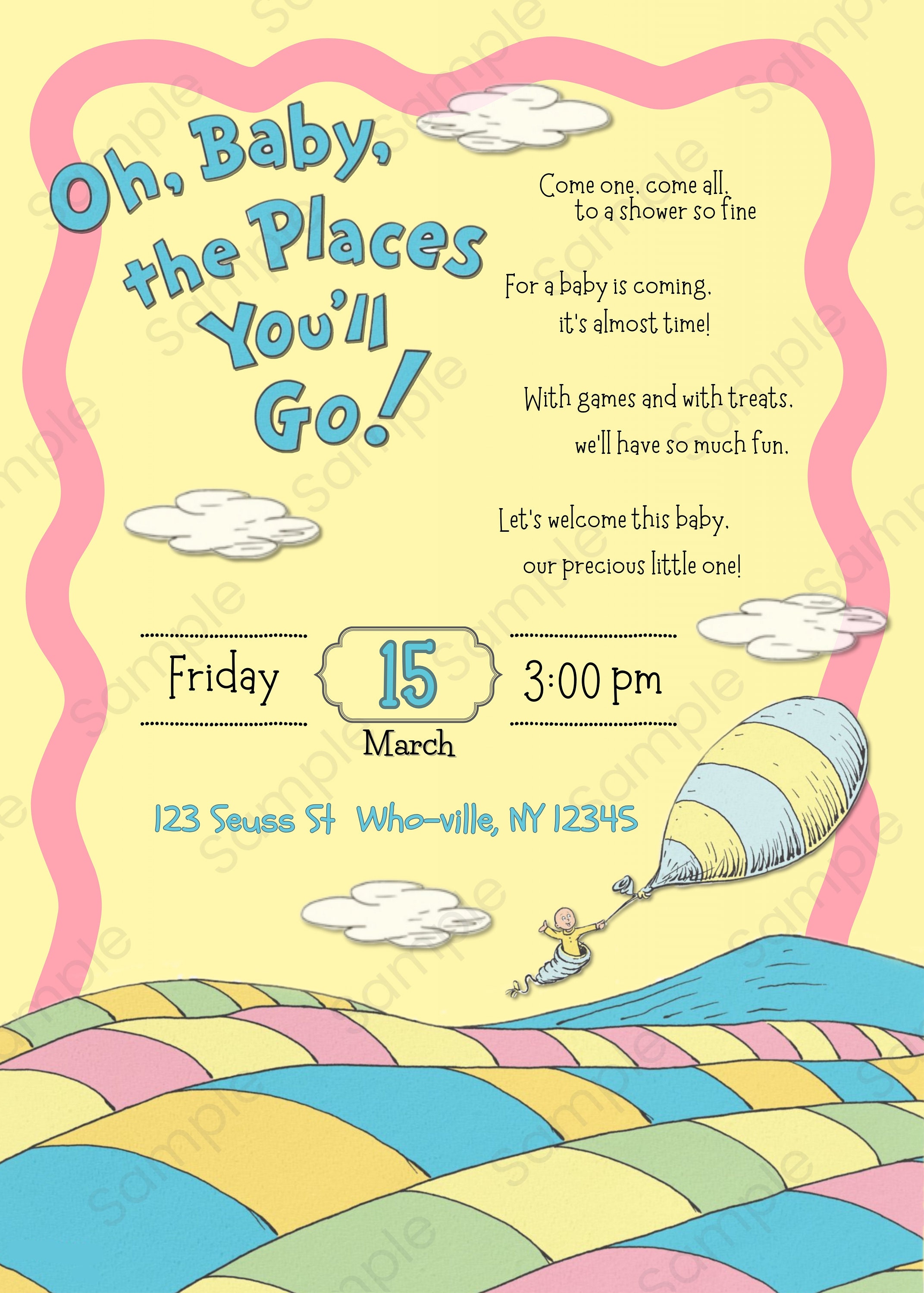 Dr Seuss, Oh Baby the Places You'll Go, Editable Printable Baby Shower ...