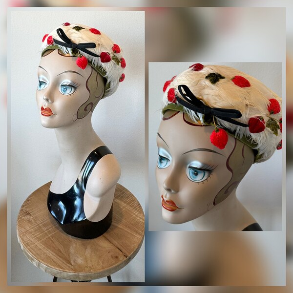 Midcentury Stix Baer & Fuller White Feather and Red Velvet Strawberry Hat