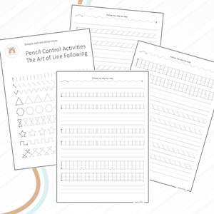 May include: Black and white printable worksheets for children to practise pencil control skills. The worksheets feature various line patterns and shapes to trace, including straight lines, zigzags, triangles, circles, and stars. The text on the worksheets reads "Follow me step by step" and "Pencil Control Activities The Art of Line Following".