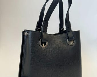 Italian Leather Handbag, Black Pebbled Tote, Made in Florence