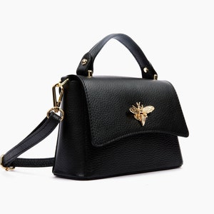 Bolso de piel hecho a mano en Italia, elegante bolso de piel de Florencia, clutch Valina, mini bolso cuadrado de piel negro, hecho en Italia