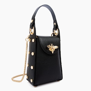 Bolso de piel hecho a mano en Italia, elegante bolso de piel de Florencia, monedero para teléfono Prato, hecho en Italia, mini bolso negro