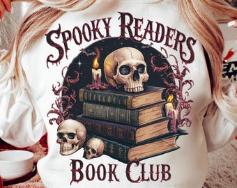 Spooky Readers Book Club Png, Gothic Skull and Books Halloween Sublimation, Dark Academia Reading Clipart, Vintage Horror Book Lover Design