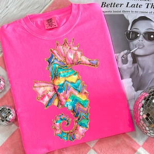 Coquette Summer Seahorse Png, Preppy Beach Shirt Design, Coastal Summer Vibes Sublimation, Glitter Seahorse Bow Png, Pink Girly Summer Png