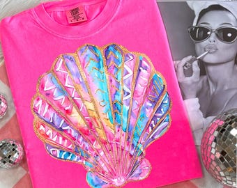 Coquette Summer Seashell Png, Preppy Beach Shirt Design, Coastal Summer Vibes Sublimation, Glitter Clam Bow Png, Pink Girly Summer Png