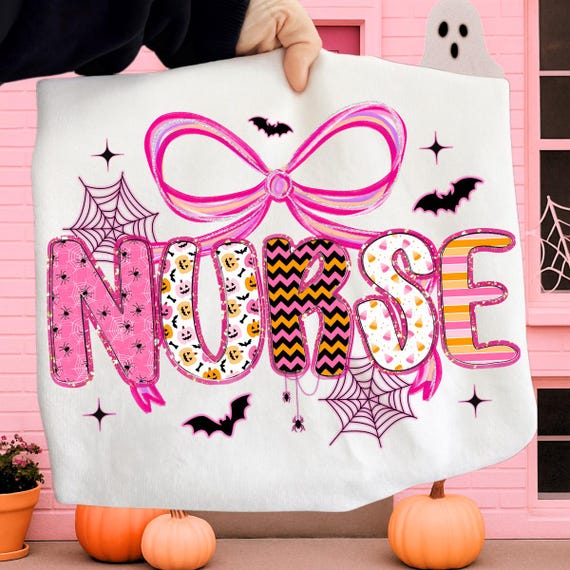 Preppy Halloween Nurse Png, Coquette Nurse Bow Png, Preppy Pink Glitter Halloween Png, Girly Nurse Sublimation, Boho Fall Nurse Shirt Design