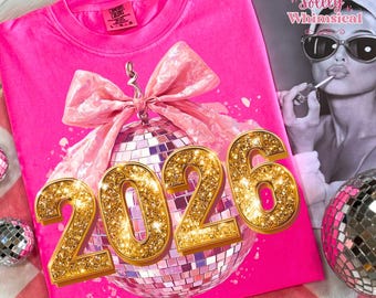 Feliz Ano Novo 2026 PNG, Ano Novo Moderno PNG, Camiseta de Ano Novo com Lantejoulas Rosa e Douradas com Glitter e Efeito Brilhante PNG, Olá 2026 PNG