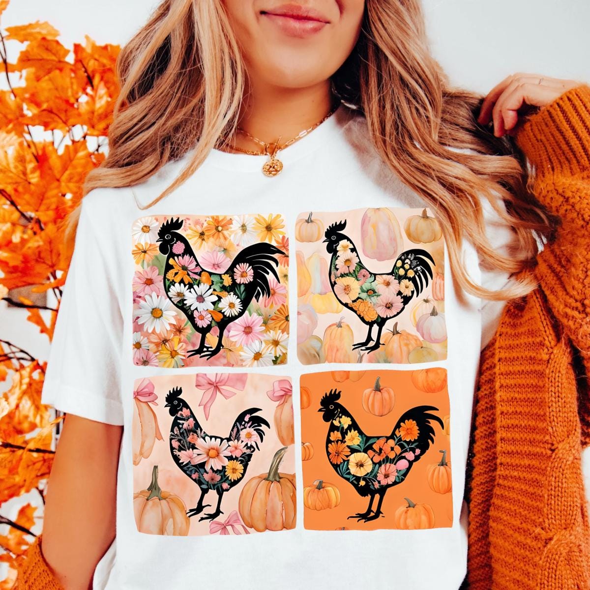 Fall Floral Chicken Png, Girly Pink Pumpkin Png, Autumn Farmhouse Shirt Design, Chicken Lover Sublimation, Chicken Mama Png, Farm Rooster