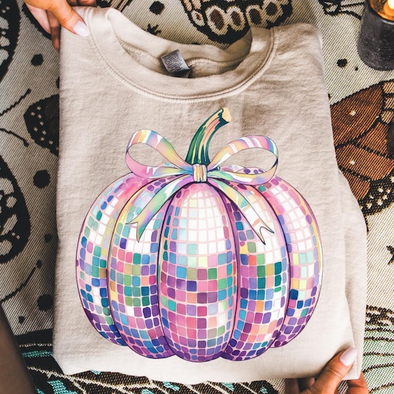 Iridescent Disco Ball Halloween Pumpkin Png, Cute Pumpkin Png, Glitter Pumpkin Png, Pumpkin Patch Png, Coquette Bow Pumpkin Png, Fall Design