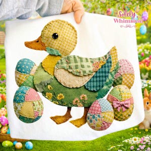 May include: A handmade Easter-themed applique featuring a duck with patchwork details and decorative eggs. The duck has a yellow checkered head, a green body, and is surrounded by colorful, patterned eggs. The design is on a white background.