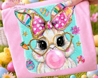 Conejito de Pascua (Png), Conejito soplando chicle, Pincelada (Png), Diseño de sublimación, Camiseta de Pascua, Clipart de primavera, Pascua linda (Png), Coqueta (Png)