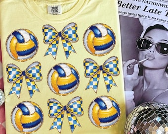 Glittervolleybal geruite coquette strik png, wedstrijddag png, preppy volleybalshirtontwerp, trendy volleybal mama png, volleybalstrik png