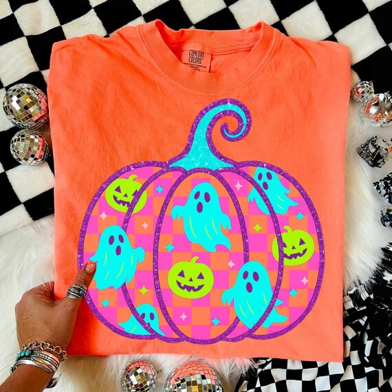 Neon Halloween Ghost Pumpkin Png, Retro Pastel Checkered Halloween Png, Fall Pumpkin Shirt Png, Cute Pumpkin Coquette Bow, Spooky Season Png
