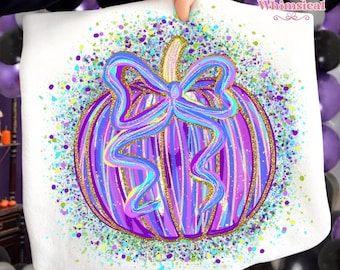 Preppy Glitter Halloween Purple Pumpkin Png, Trendy Fall Png, Coquette Pumpkin Png, Spooky Season Png, Girly Boho Pumpkin Shirt Sublimation