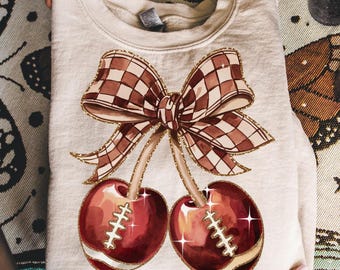 Cherry Football Checkered Coquette Bow Png, Game Day Football Png, Preppy Football Shirt Design, Glitter Football Mama Png, Football Bow Png