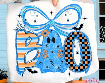 Fantôme effrayant Boo Png, Sublimation Halloween garçon bleu, Coquette Halloween garçon Png, Chemise Halloween preppy Png, Citrouille d'automne rétro à carreaux