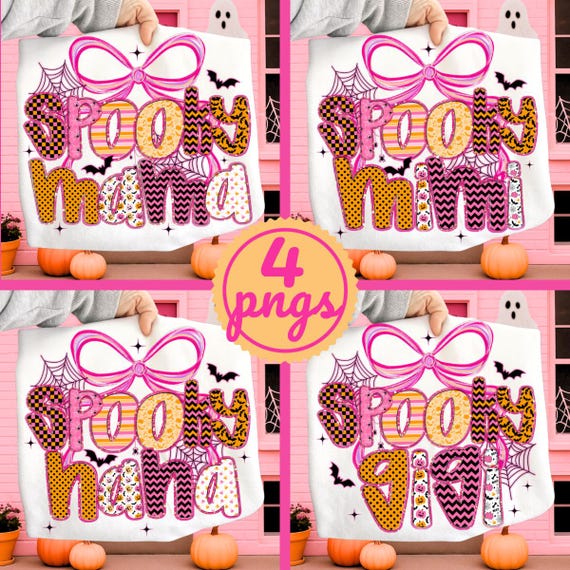 Spooky Mama Halloween Bundle Png, Preppy Glitter Halloween Mama Png, Neon Pink Halloween Shirt Sublimation, Girly Coquette Fall Ghost Png