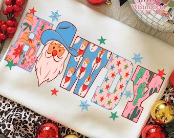 Howdy Christmas Png, Cowgirl Western Christmas Santa Png, Pastel Coquette Xmas Bow Png, Preppy Country Shirt Design, Holiday Sublimation