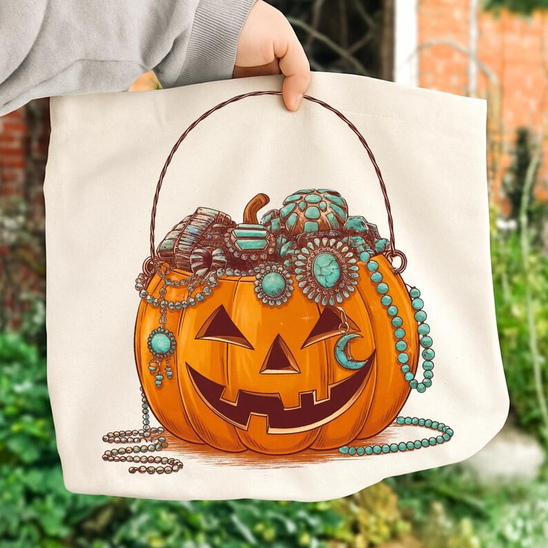 May include: A cream-colored tote bag featuring a smiling orange jack-o'-lantern design. The pumpkin is adorned with turquoise jewelry and a crescent moon. The bag has a brown handle, perfect for Halloween.