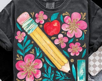 Floral Teacher Pencil Png, Coquette Teacher Back To School Png, 1st Day Of School Png, Boho Floral Teacher Brushstroke Png, School Girl Png