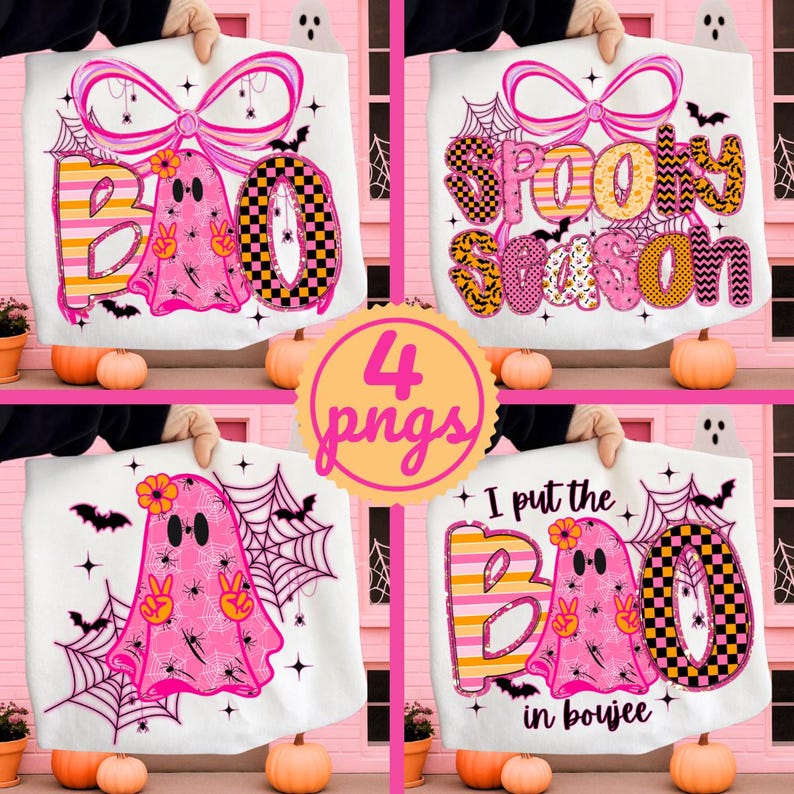 Pode incluir: Quatro sacolas brancas com designs tem&aacute;ticos de Halloween. Cada sacola apresenta um fantasma rosa com sinais de paz, teias de aranha e morcegos. O texto inclui "BOO", "Spooky Season" e "I put the BOO in boujee". Um gr&aacute;fico circular diz "4 pngs".