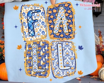 Fall Blue Chinoiserie Png, Boho Autumn Girly Png, Preppy Fall Pumpkin Png, Retro Coquette Fall Pumpkin Bow Png, Fall Shirt Sublimation Png