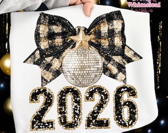 Frohes Neues Jahr 2026 Png, trendige Silvester Png, Schwarz Und Gold Pailletten Glitzer Faux Sparkly Neujahr Shirt Design Png, Hallo 2026 Png