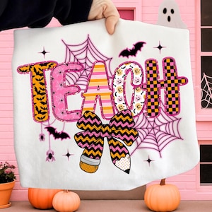 Preppy Halloween Teach Png, Kokette Teach Bogen Png, Preppy Pink Glitter Halloween Png, Girly Teach Sublimation, Boho Fall Teach Shirt Design