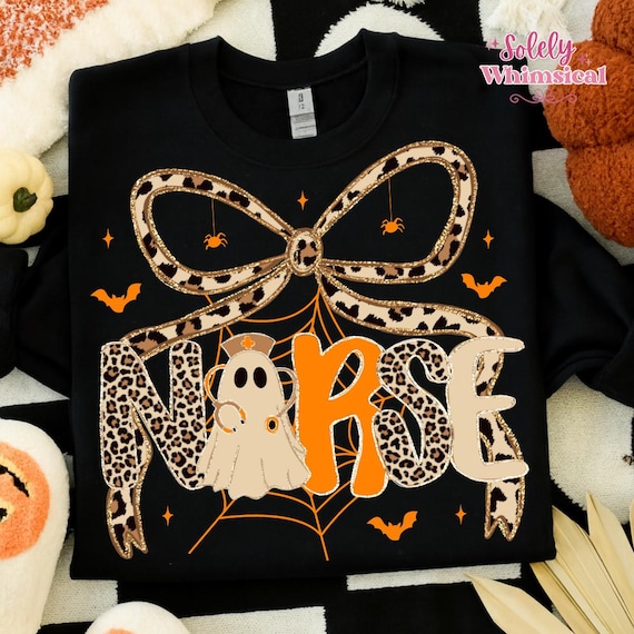 Preppy Halloween Nurse Png, Coquette Nurse Bow, Leopard Pink Glitter Halloween Png, Girly Nurse Sublimation, Boho Fall Nurse Shirt Design