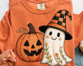 Fantasma de abóbora de outono fofo bordado falso PNG, Temporada assustadora PNG, Fantasma Boo PNG, Abóbora de outono, Design de camisa boho de outono, Halloween moderno PNG