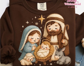 Faux Embroidery Christian Nativity Scene Png, Christmas Shirt Sublimation, Holly Jolly Png, Merry Christmas Png, Baby Jesus, Bible Verse Png
