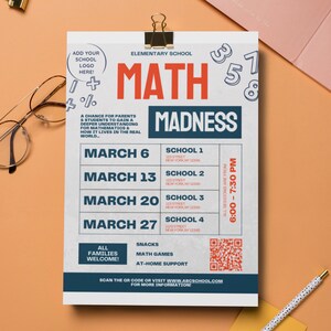 Teacher Event Flyer, School Flyer, Event Template, Math Madness, Math, Instant Download, Editable, Printable