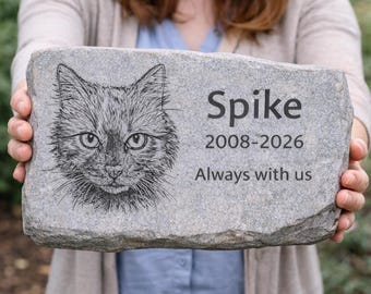 Personalized Cat Memorial Stone | Custom Basalt Pet Headstone & Grave Marker | Photo Engraved Cat Tombstone | Outdoor Garden Cemetery