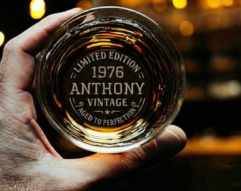 Personalized 50th Birthday Whiskey Glass – Engraved Vintage Rocks Glass