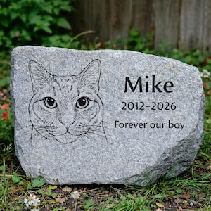 May include: A gray granite pet memorial stone with a detailed engraved cat portrait. The name "Mike", birth and passing dates, and the phrase "Forever our boy" are inscribed on the stone. The stone is set in a grassy area.