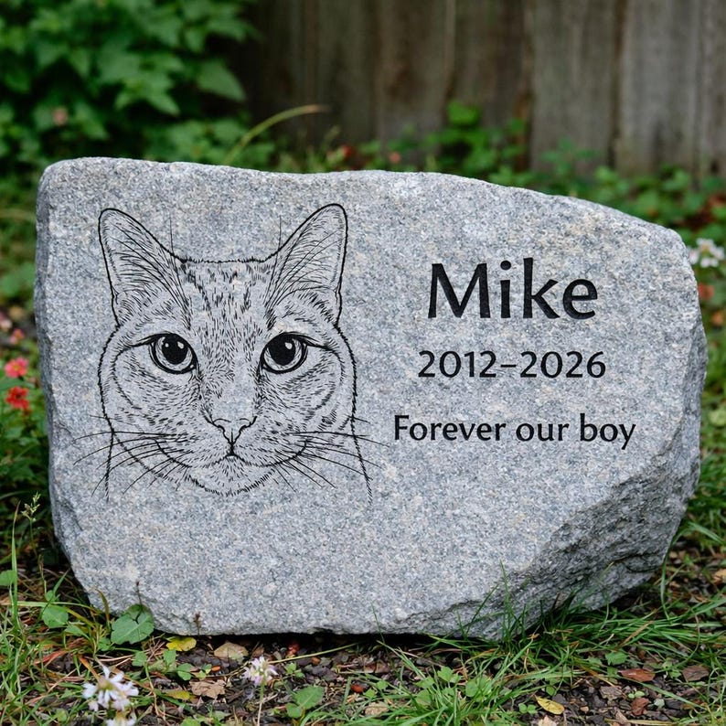May include: A gray granite pet memorial stone with a detailed engraved cat portrait. The name "Mike", birth and passing dates, and the phrase "Forever our boy" are inscribed on the stone. The stone is set in a grassy area.