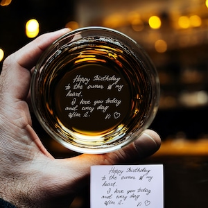 Custom Whiskey Glass with Hidden Bottom Message – Engraved Handwriting, Personalized Gift for Him, Dad, Men, 11oz, Made in USA
