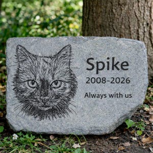 May include: A gray stone pet memorial with a detailed etched image of a cat's face. The name "Spike" is above the years "2008-2026" and the phrase "Always with us" in black text. The stone is set in a garden.