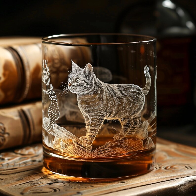 Puede incluir: Un vaso de vidrio transparente con un dise&ntilde;o grabado de un gato. El gato est&aacute; en posici&oacute;n de caminar y est&aacute; rodeado de follaje. El vaso tiene un tono marr&oacute;n y est&aacute; sentado sobre una superficie de madera.