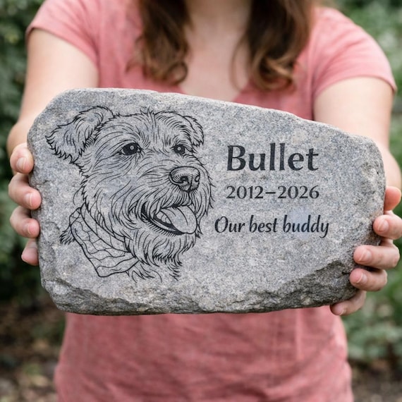 Personalized Dog Memorial Stone | Custom Basalt Pet Headstone & Grave Marker | Photo Engraved Dog Tombstone | Outdoor Garden Cemetery