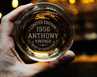 Personalized 70th Birthday Whiskey Glass – Engraved Vintage Rocks Glass