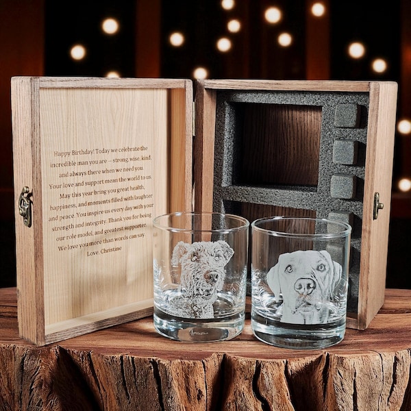 Custom Dog Photo on Whiskey Glass with VIP Wooden Box – Engraved Picture & Handwritten Message – Personalized Gift for Him, Dad, Groomsmen