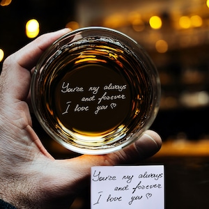 Engraved Handwriting Whiskey Glass – Custom Message on Bottom of 11oz Rocks Glass, Personalized Gift for Men, Him, Boyfriend, Dad