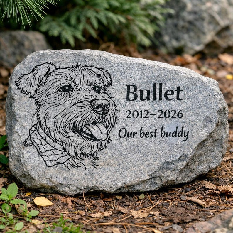 May include: A gray stone pet memorial with a detailed black illustration of a dog's face. The name "Bullet" and dates 2012-2026 are inscribed, along with the phrase "Our best buddy."