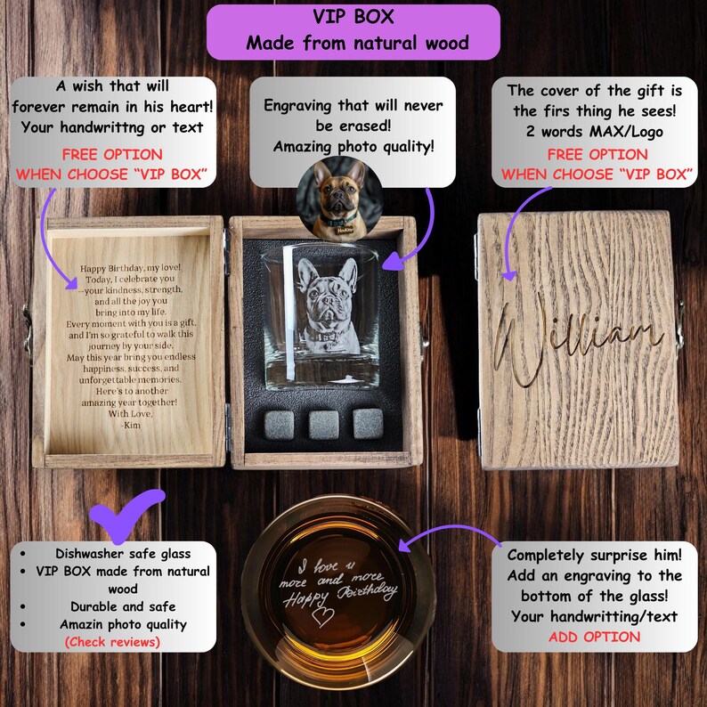 Puede incluir: Una caja de madera con un vaso de whisky de vidrio en su interior. El vaso tiene una foto de un perro grabada. La caja tiene una tapa con una inscripci&oacute;n personalizada. La caja es un regalo para una ocasi&oacute;n especial.
