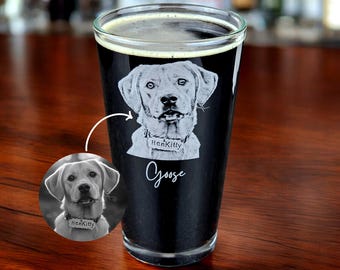 Personalized Pet Photo Pint Glass with Text, Engraved Beer Glass Gift for Dog Mom or Cat Lover Gift